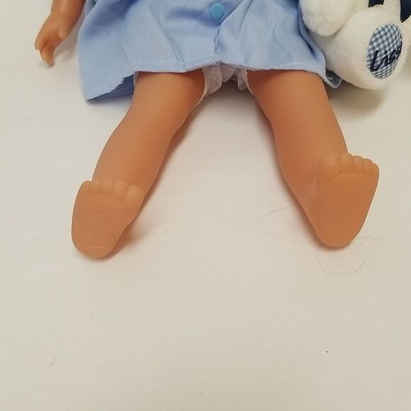 Vintage Lisse Doll Blue Smocked Dress Teddy Bear 15" Soft Toy Missing Lashes - Picture 6 of 7